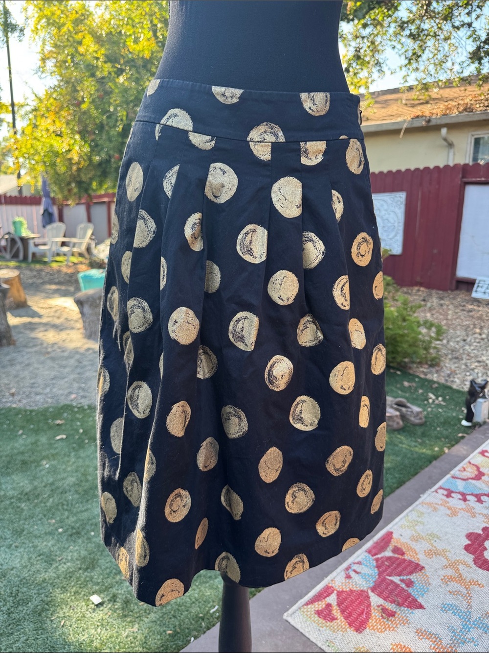 Ann Taylor Black Metallic Gold Dot Pleated Full Skirt